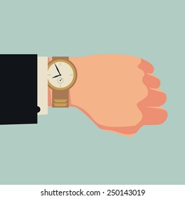 Vector web square icon on hand with wrist watch | Hand of male businessman in black suit checking time on his watch