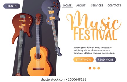 Vector web template featuring an acoustic guitar, electric guitar, and bass guitar on a dark background for a music festival or concert  
