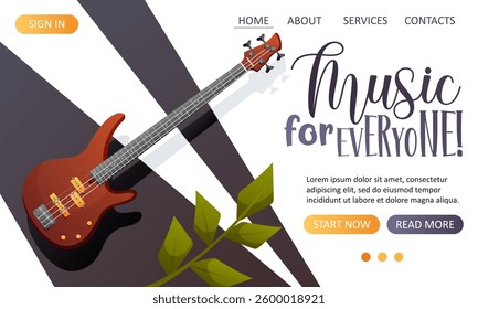 Vector web template featuring a bass guitar on a dark background with leaves for a music website, poster, or recording studio  
