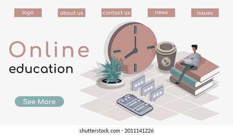 Vector web template of a landing page for online learning. A young man is sitting on a stack of books with a laptop and studying, he receives alerts on the phone and looks at the time on the clock.
