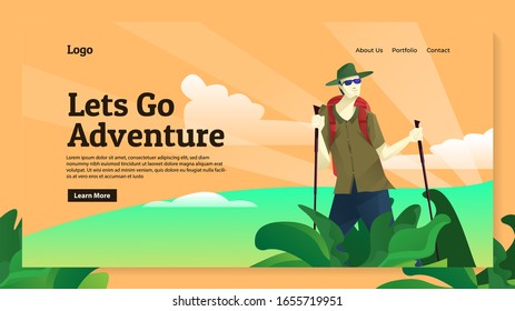 Vector web template on the theme of outdoor adventure. Outdoor adventure vector illustration.  Sports, outdoor recreation, adventures in nature, vacation.