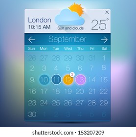 Vector Web and UI Calendar with weather informer. Modern flat style