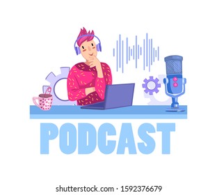 Vector webinar concept with young hipster woman near the laptop, microphone and cup. Cute girl in cartoon style listening to radio podcast or watching video. Illustration for bloggers, web pages
