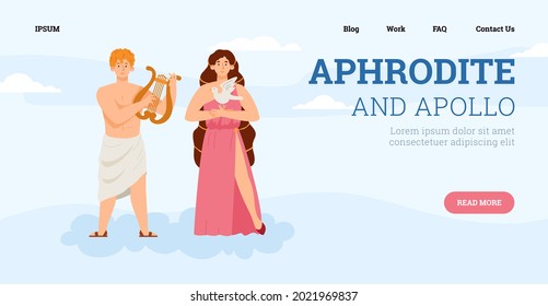 Vector webpage with goddess beauty Aphrodite and god light and patron arts apollo. Juno and phoebus deity olympian pantheon, divine characters of ancient greek mythology.