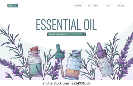 Vector website background for essential oil. Rosemary oil. Lavender oil. Glass bottle with dropper. Pipette. Vector illustration for cosmetic, perfumery, aromatherapy, medicinal plant.