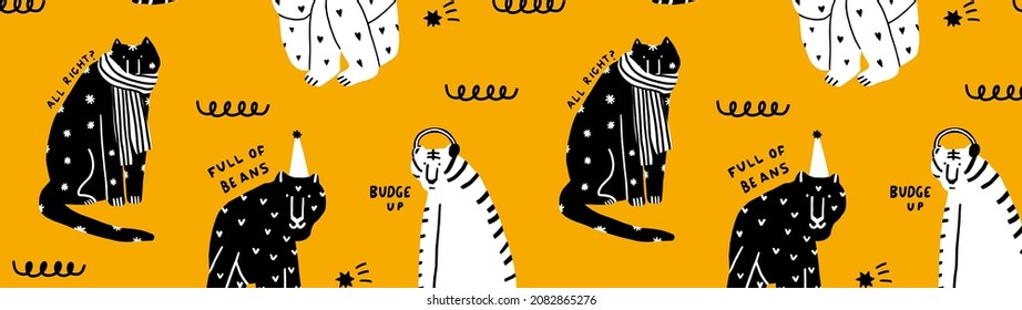 vector website banner - black and white tigers.Celebrating new year and christmas.Hand drawn psychedelic striped tigers. Horizontal border  for 2022.Animal trendy background