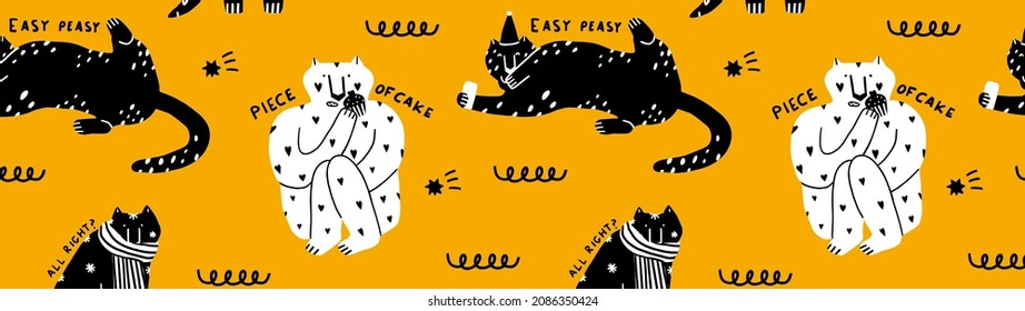 vector website banner - black and white tigers.Celebrating new year and christmas.Hand drawn psychedelic striped tigers. Horizontal border  for 2022.Animal trendy background