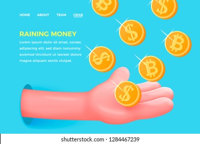 Vector website banner concept - cartoon 3d plastic palm catching golden dollar and bitcoin, with place for your text. Business landing page template.
