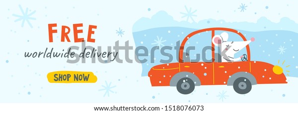 Vector website
banner with cute rat and promotion text about free delivery. Can be
used as template for web banner, shopping promo poster, sale
leaflet, discount card.