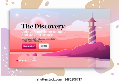 Vector website banner with lighthouse on the coast by the sea. Voyage illustrations for advertising. Landing page slider banner with nature scene with lighthouse and dawn on the horizon