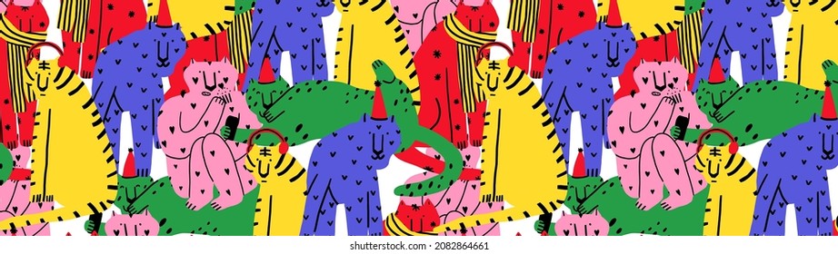 vector website banner - vibrant colorful tigers.Celebrating new year and christmas.Hand drawn psychedelic striped tigers. Horizontal border  for 2022.Animal trendy background