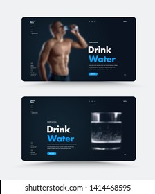 Vector website black page design for a personal trainer or nutritionist with a headline about the rate of water you drink. Standard size templates with a photo of a man and a glass.