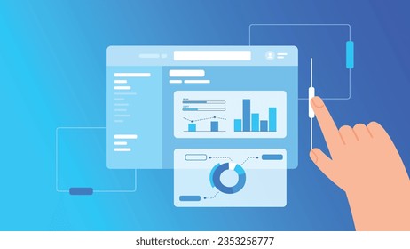 Vector website computer window with performance chart items and hand, technology gradient background, flat design