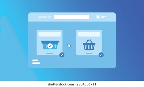 Vector website computer window and shopping cart items, gradient background, flat design
