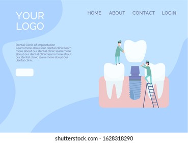 Vector website design in a flat style. Two implantologist doctors install a dental implant: put a crown on the abutment. Healthy teeth nearby. Blue and white colors, cartoon style clip art.