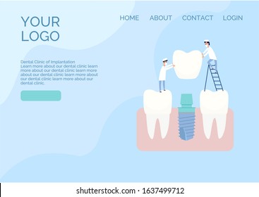 Vector website design in a flat style. Two implantologist doctors install a dental implant: put a crown on the abutment. Healthy teeth nearby. Blue and white colors, cartoon style clip art.