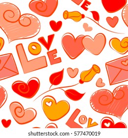 Vector Website Design and seamless Background in Trendy Modern Line Style in orange, red and yellow Colors. Love Wedding on White Background. Thin Line Valentine Day seamless pattern.