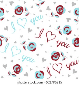Vector Website Design and seamless Background in Trendy Modern Line Style in red and blue Colors. Love Wedding on White Background. Thin Line Valentine Day seamless pattern.