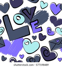 Vector Website Design and seamless pattern on White Background in Trendy Modern Line Style. Love Wedding, Love Text, Hearts. Thin Line Valentine Day seamless pattern in blue and violet Colors.