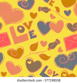 Vector Website Design and seamless pattern on yellow Background in Trendy Modern Line Style. Love Wedding, Love Text, Flower, Hearts. Thin Line Valentine Day seamless pattern in.