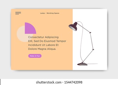 vector website design, simple and cool two-column landing page, user friendly. equipped with lamp and chart illustrations, can be used for web, business cards, banners and phones