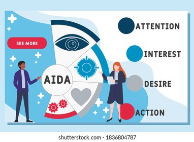 Design-Vorlage für Vektorgrafiken. AIDA - Aufmerksamkeit, Interesse, Wünsche und Aktion Akronym, Business-Konzept. Illustration für Website-Banner, Marketingmaterialien, Geschäftspräsentation