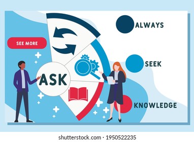Vector website design template . ASK - Always Seek Knowledge  acronym. business concept background. illustration for website banner, marketing materials, business presentation, online advertising