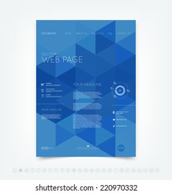 Vector website design template with blue  geometric background and set of icons