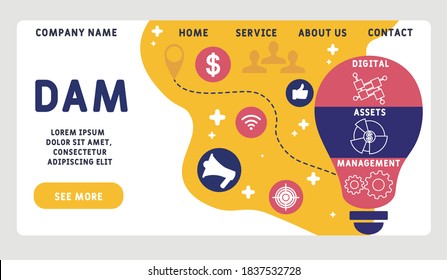 Vector website design template . DAM - Digital Assets Management acronym, business concept. illustration for website banner, marketing materials, business presentation, online advertising.