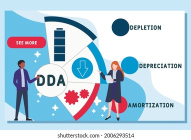 Vector website design template . DDA - Depletion Depreciation Amortization acronym. business concept. illustration for website banner, marketing materials, business presentation, online advertising.