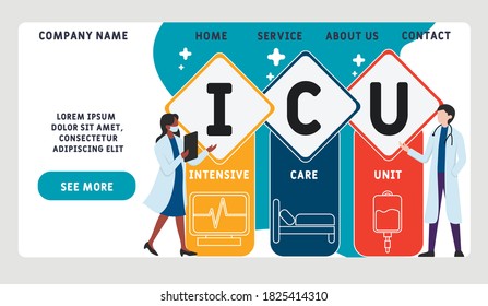 Vector website design template . ICU - Intensive Care Unit, acronym medical concept. illustration for website banner, marketing materials, business presentation, online advertising.