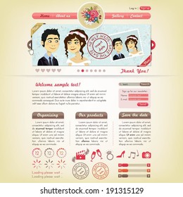 Vector website design template with an illustration of a bride and groom