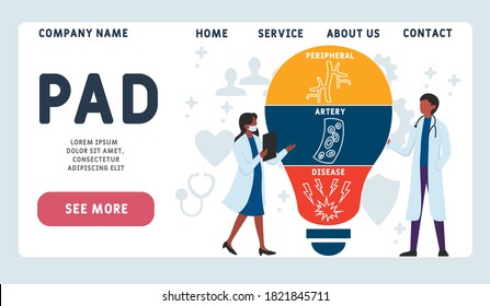 Vector website design template. PAD - Peripheral Artery Disease, acronym medical concept. illustration for website banner, marketing materials, business presentation, online advertising.
