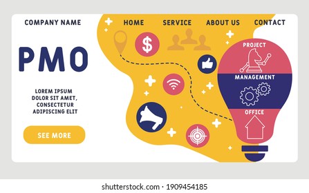 Plantilla de diseño de sitios web vectores. PMO - Acrónimo de la Oficina de Gestión de Proyectos. fondo de concepto de negocio. ilustración para banner de sitio web, materiales de marketing, presentación de negocios, publicidad en línea. 