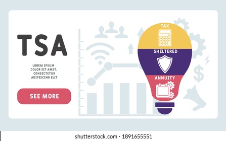 Vector website design template . TSA - Tax Sheltered Annuity acronym. business concept background. illustration for website banner, marketing materials, business presentation, online advertising. 