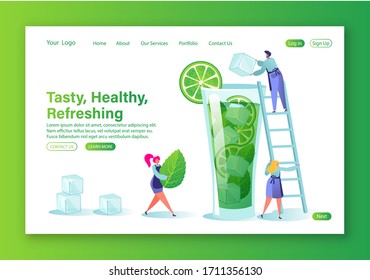 Vector website homepage template with mojito coctail cooking concept at home. Flat cartoon characters make summer drink with mint and lime, add ice, carry ingredients and mix everything in glass.