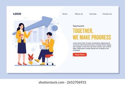 Vector website landing page Teamwork design template Business Professionals Collaborating with flat character business woman and man in office.