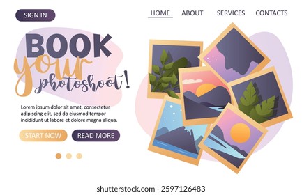 Vector website layout with photo prints for booking photography sessions. Suitable for photographers studios and online services.  
