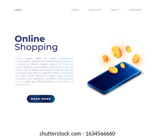 Vector website page template on Online Shopping theme with isometric smartphone and 3d coins.