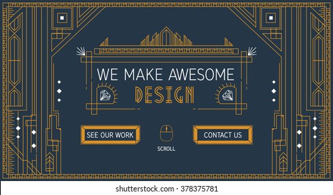 Vector website slider template in thin line. Trendy art deco style. Flat creative design of slide image concept, site element layout. About us card typography. Art deco sing button.