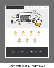 Vector Website Template in flat design, with top view of office supplies. Editable Layered Vector Illustration
