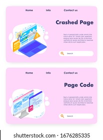 Vector website template, landing page design for website and mobile site development. Web page coding and fixing crash error concept banners, flat isometric illustration.