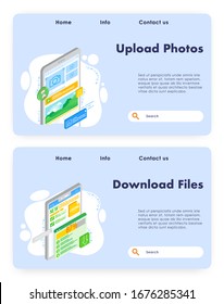 Vector website template, landing page design for website and mobile site development. Upload photos and download files web banners, flat isometric illustration.