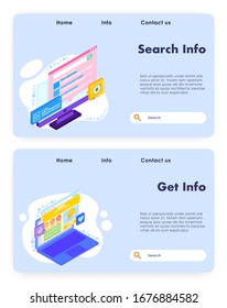 Vector website template, landing page design for website and mobile site development. Search info and get info web banners, flat isometric illustration.