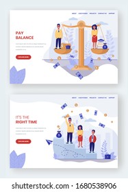 Vector website template, landing page design for website and mobile site development. Equal pay, salary, gender equality and gender balance concept web banners, flat style illustration.