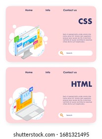 Vector website template, landing page design for website and mobile site development. Css, html web banners. Coding, programming, site creation, flat isometric illustration.