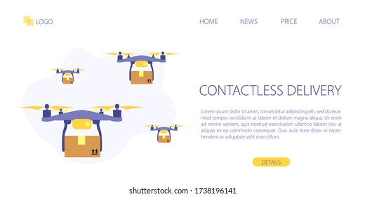 Vector website template of safe contactless delivery service by drone. Online order fast delivery concept.  Landing page illustration. Drones with delivery box carrying online orders