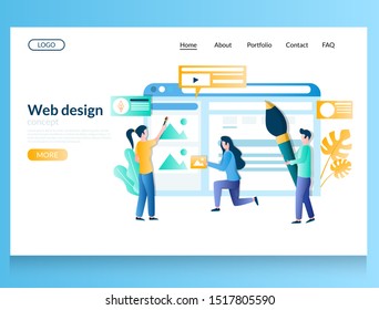 Vector website template, web page and landing page design for website and mobile site development. Cartoon characters professional designer team creating webpage.