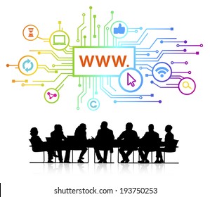 Vector of website themed background and silhouettes of business people sitting around the conference table.