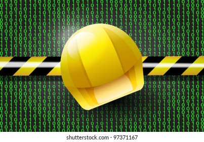 Vector website under construction picture. Hard hat over do not cross line and mass of digits